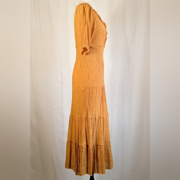Mustard Yellow Ruffle V-Neck Smocked Waist Tiered Midi Dress - Picture 2 of 5